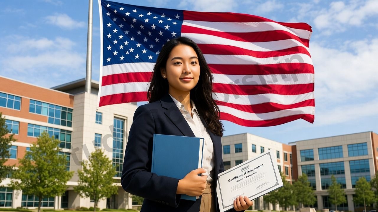 Create a professional educational banner about "Hubert H. Humphrey Fellowship Program". Show an international graduate student holding books and a scholarship certificate, standing in front of a modern American university campus with the USA flag in the background. Clean academic design with blue, red, and white colors, modern typography, scholarship promotion style, high quality, blog featured image, 16:9 ratio.