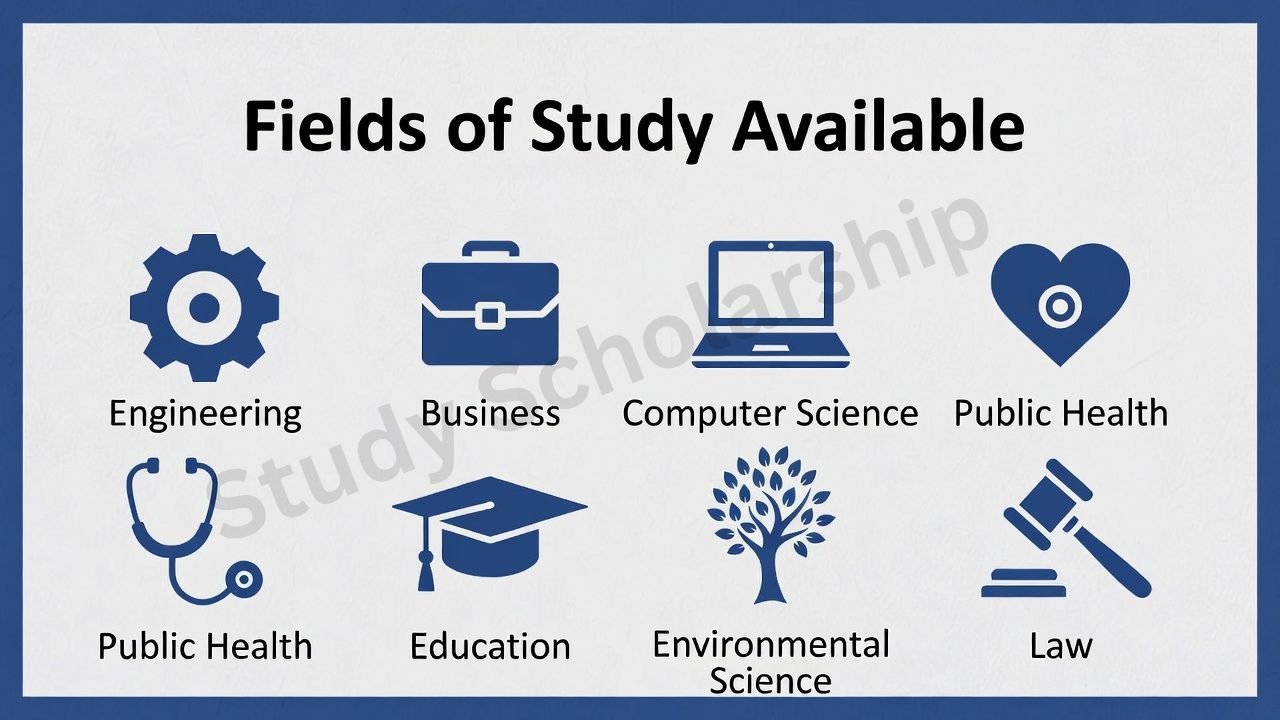 Create a modern educational infographic titled "Fields of Study Available". Include icons representing different academic fields such as Engineering, Business, Computer Science, Public Health, Education, Environmental Science, and Law. Clean academic layout, university theme, blue and white color scheme, professional education infographic style, high resolution.