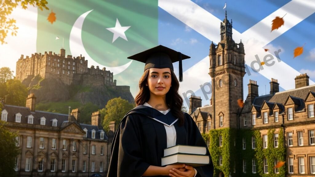 A Pakistani student standing in front of famous Scottish landmarks (Edinburgh Castle and a historic university campus), holding books and a graduation cap, with Pakistan and Scotland flags subtly blended in the background, autumn atmosphere, international education theme, bright inspirational lighting, modern academic style, high detail, realistic photography, depth of field, vibrant colors, scholarship opportunity concept.